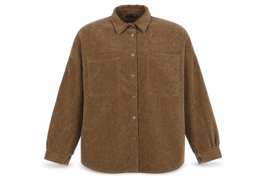 Front view of Rebellious women’s brown polyester basic button-up, size UK 8, collared