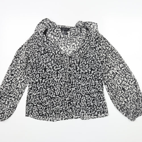New Look Womens Black Animal Print Polyester Basic Blouse Size 10 V-Neck - Leopard Print Semi Sheer Frill
