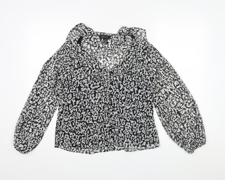New Look Womens Black Animal Print Polyester Basic Blouse Size 10 V-Neck - Leopard Print Semi Sheer Frill