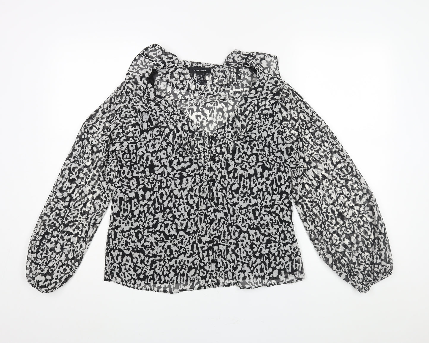 New Look Womens Black Animal Print Polyester Basic Blouse Size 10 V-Neck - Leopard Print Semi Sheer Frill