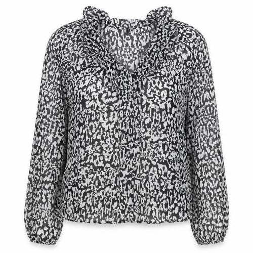 New Look Womens Black Animal Print Polyester Basic Blouse Size 10 V-Neck - Leopard Print Semi Sheer Frill