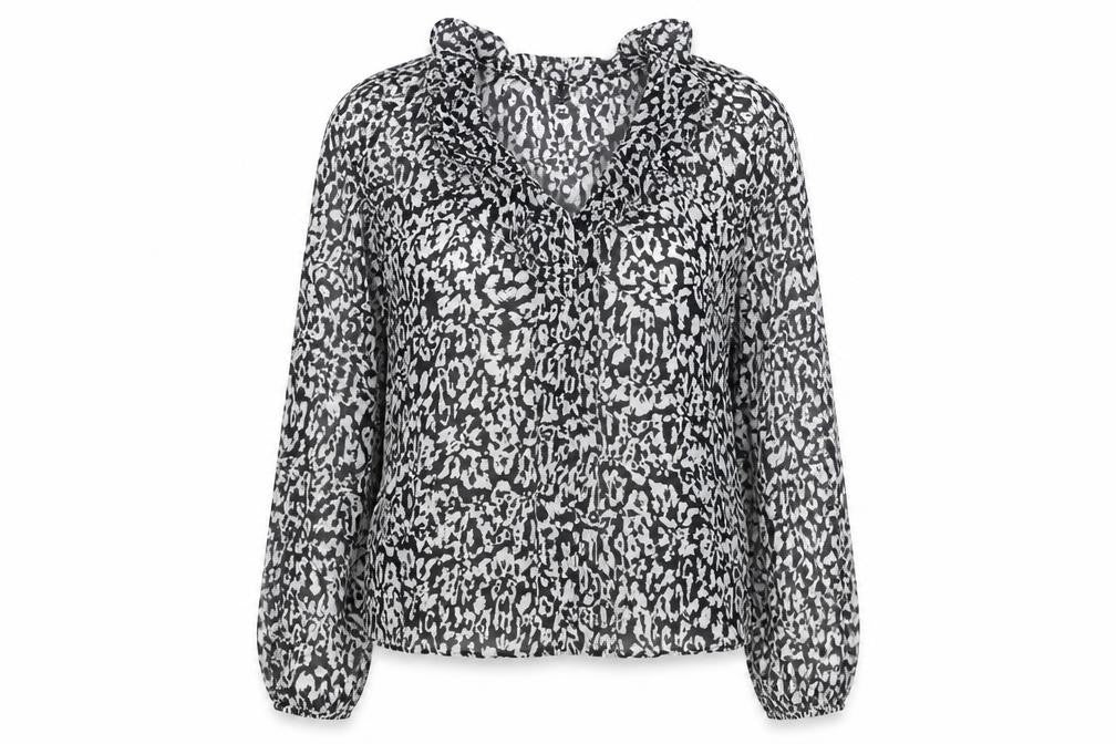 New Look Womens Black Animal Print Polyester Basic Blouse Size 10 V-Neck - Leopard Print Semi Sheer Frill