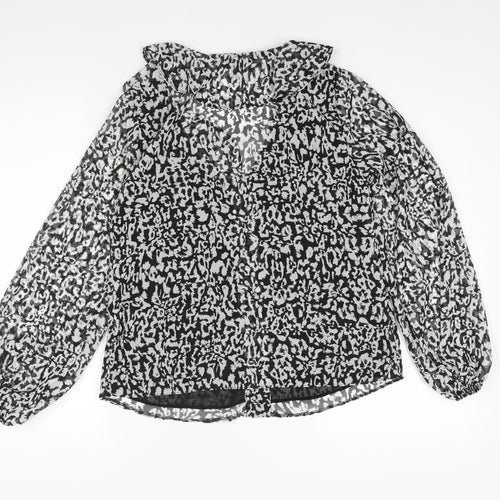 New Look Womens Black Animal Print Polyester Basic Blouse Size 10 V-Neck - Leopard Print Semi Sheer Frill