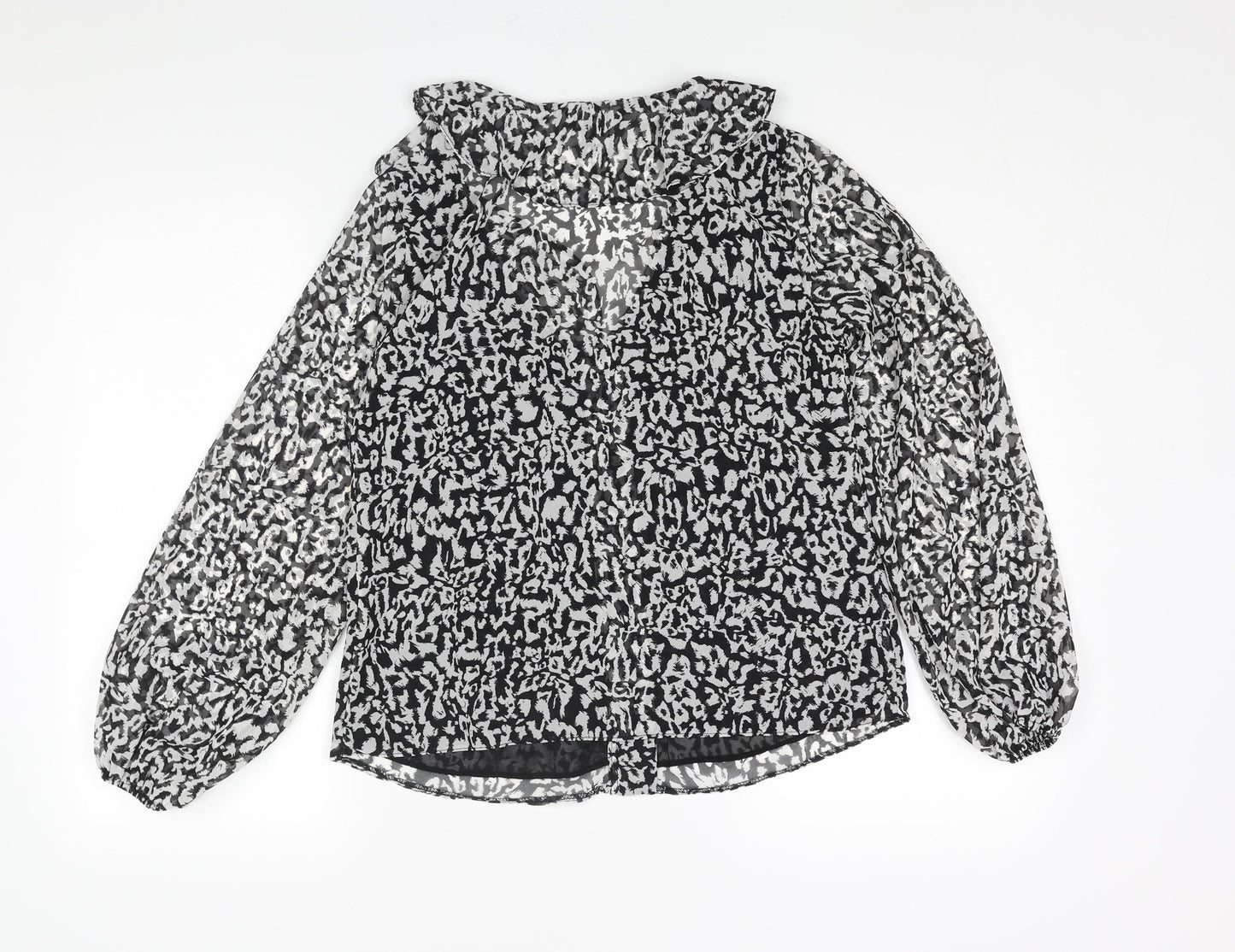 New Look Womens Black Animal Print Polyester Basic Blouse Size 10 V-Neck - Leopard Print Semi Sheer Frill