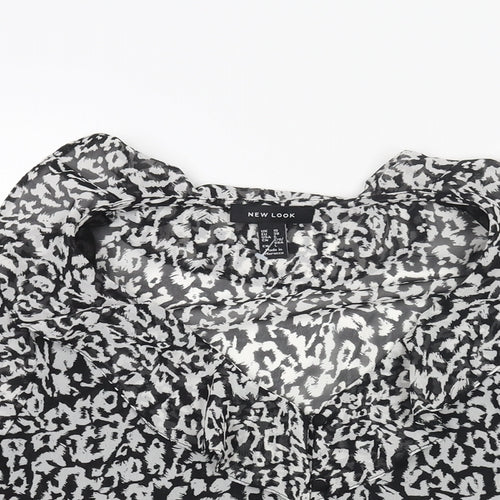 New Look Womens Black Animal Print Polyester Basic Blouse Size 10 V-Neck - Leopard Print Semi Sheer Frill
