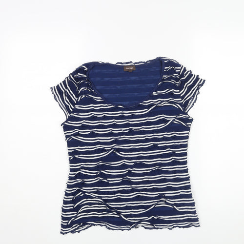 Phase Eight Womens Blue Striped Polyester Basic Blouse Size 10 Round Neck - Layered Frill Detail