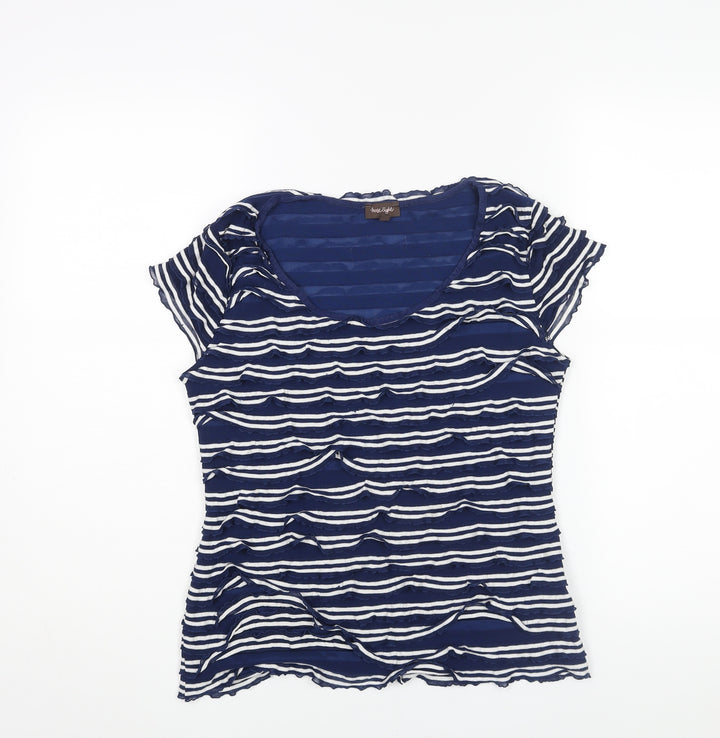 Phase Eight Womens Blue Striped Polyester Basic Blouse Size 10 Round Neck - Layered Frill Detail