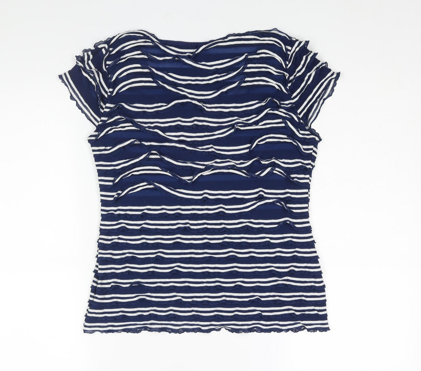 Phase Eight Womens Blue Striped Polyester Basic Blouse Size 10 Round Neck - Layered Frill Detail