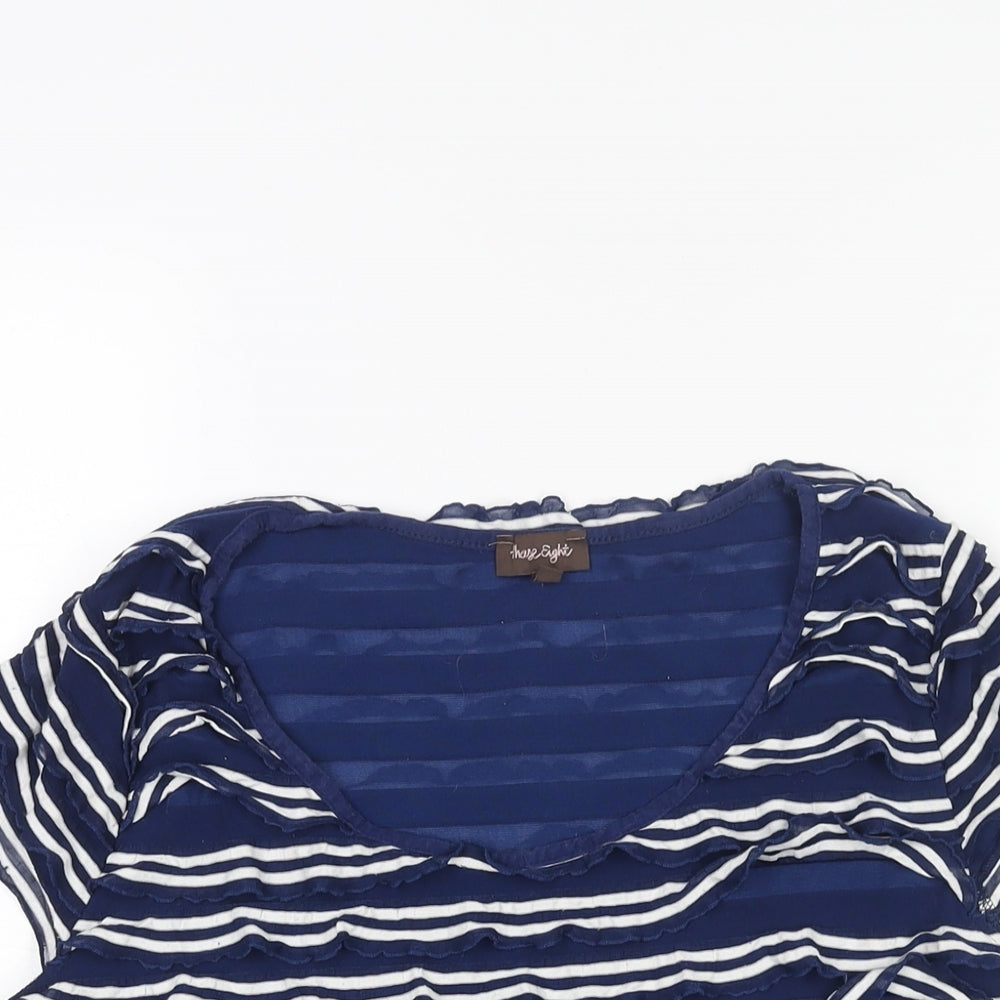 Phase Eight Womens Blue Striped Polyester Basic Blouse Size 10 Round Neck - Layered Frill Detail