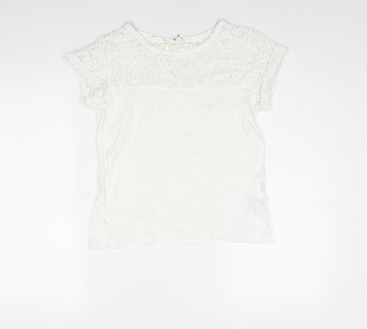 Esprit Womens White Polyester Basic Blouse Size XS Round Neck - Lace Panel Pocket
