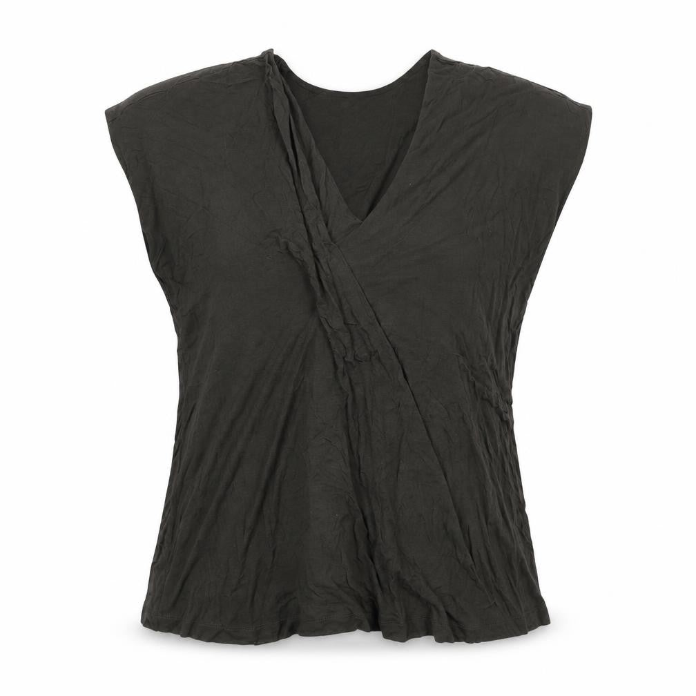 Front view of Foil women’s brown viscose basic blouse, size XL, v-neck - pleat detail