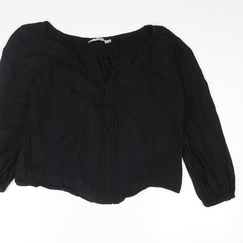 JustFab Womens Black Cotton Basic Blouse Size L V-Neck - Tassle Tie Keyhole Neck Embroidered Detail