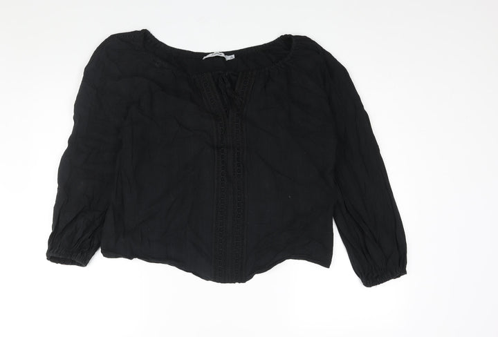 JustFab Womens Black Cotton Basic Blouse Size L V-Neck - Tassle Tie Keyhole Neck Embroidered Detail