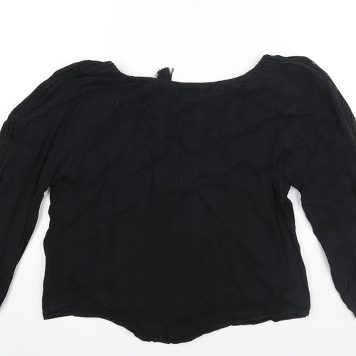JustFab Womens Black Cotton Basic Blouse Size L V-Neck - Tassle Tie Keyhole Neck Embroidered Detail