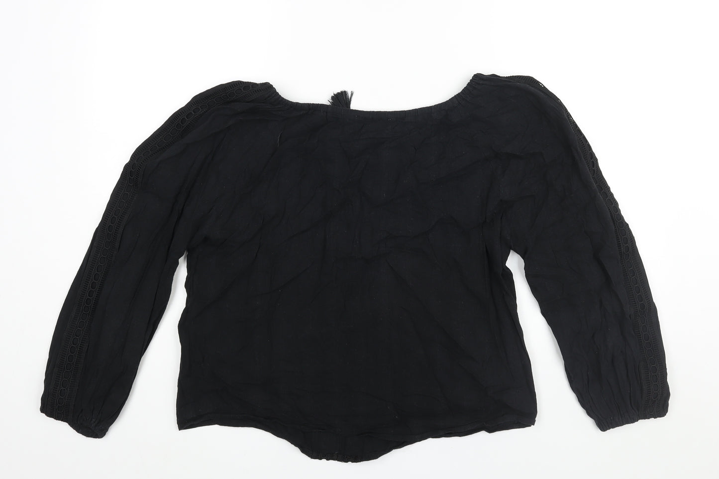JustFab Womens Black Cotton Basic Blouse Size L V-Neck - Tassle Tie Keyhole Neck Embroidered Detail