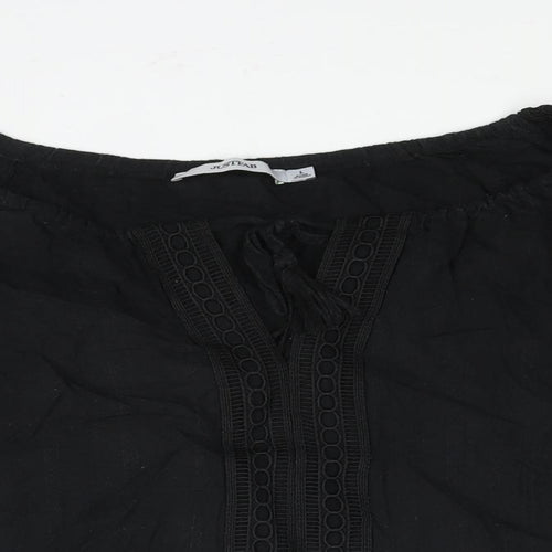 JustFab Womens Black Cotton Basic Blouse Size L V-Neck - Tassle Tie Keyhole Neck Embroidered Detail