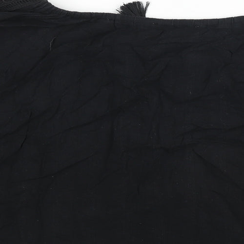 JustFab Womens Black Cotton Basic Blouse Size L V-Neck - Tassle Tie Keyhole Neck Embroidered Detail