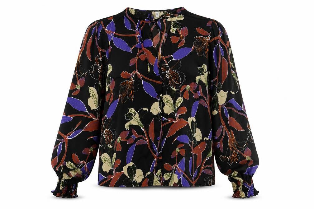 Front view of Mango women’s multicoloured floral polyester basic blouse, size S, v-neck - tie detail