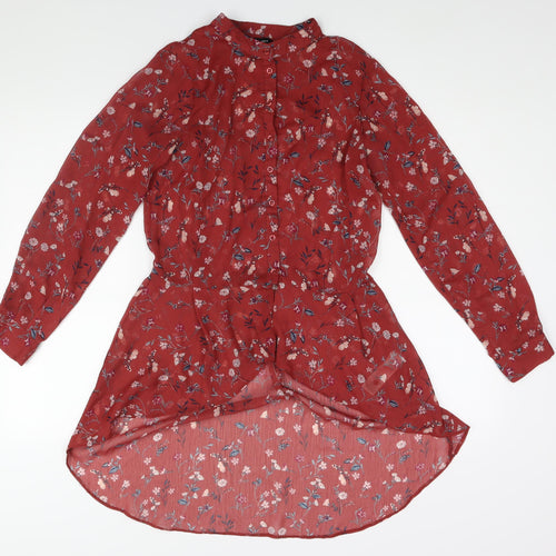 New Look Womens Red Floral Polyester Basic Blouse Size 10 Round Neck - Hi Low Hem Semi Sheer