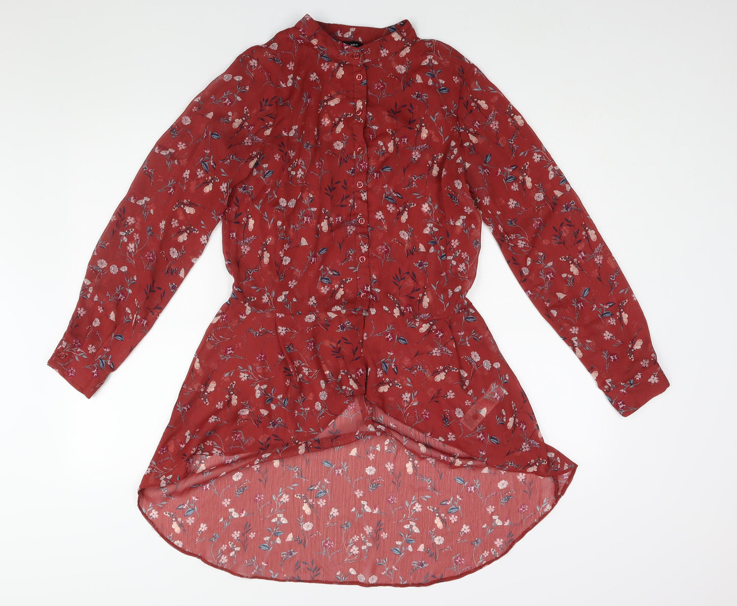 New Look Womens Red Floral Polyester Basic Blouse Size 10 Round Neck - Hi Low Hem Semi Sheer