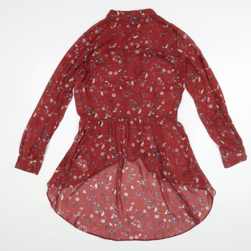 New Look Womens Red Floral Polyester Basic Blouse Size 10 Round Neck - Hi Low Hem Semi Sheer