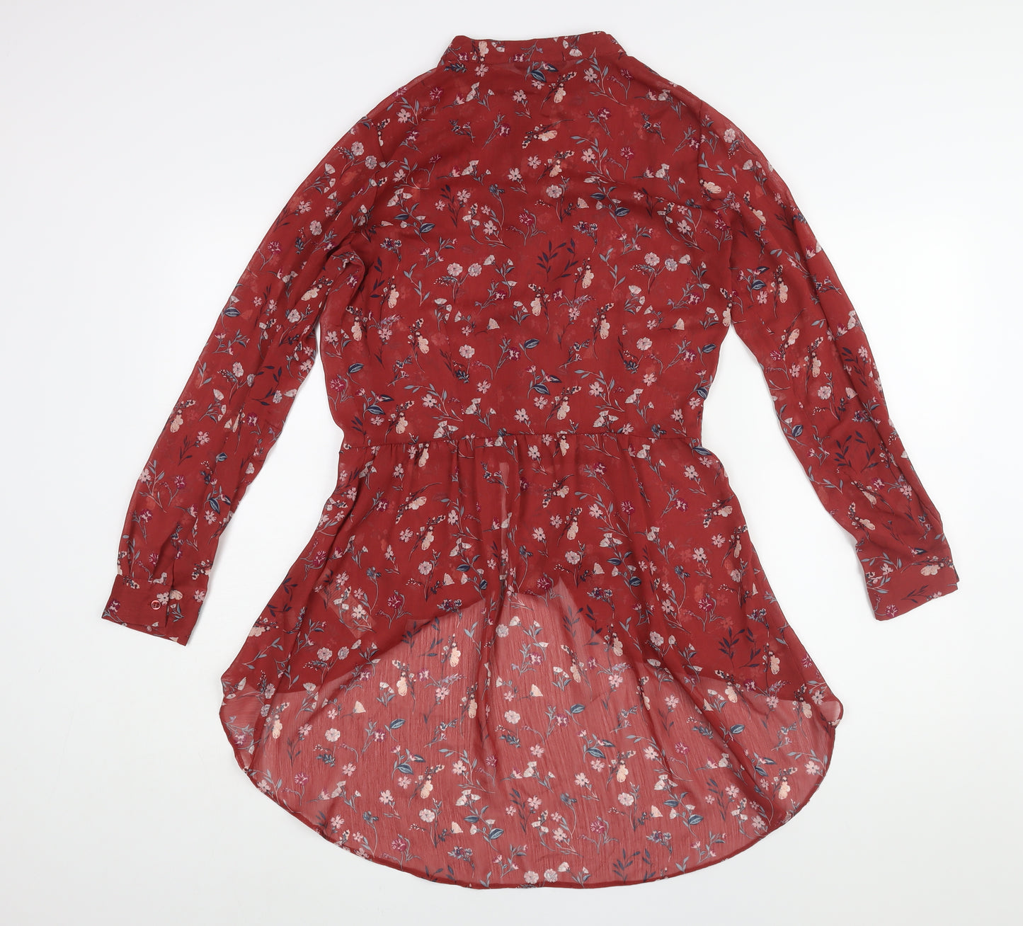 New Look Womens Red Floral Polyester Basic Blouse Size 10 Round Neck - Hi Low Hem Semi Sheer