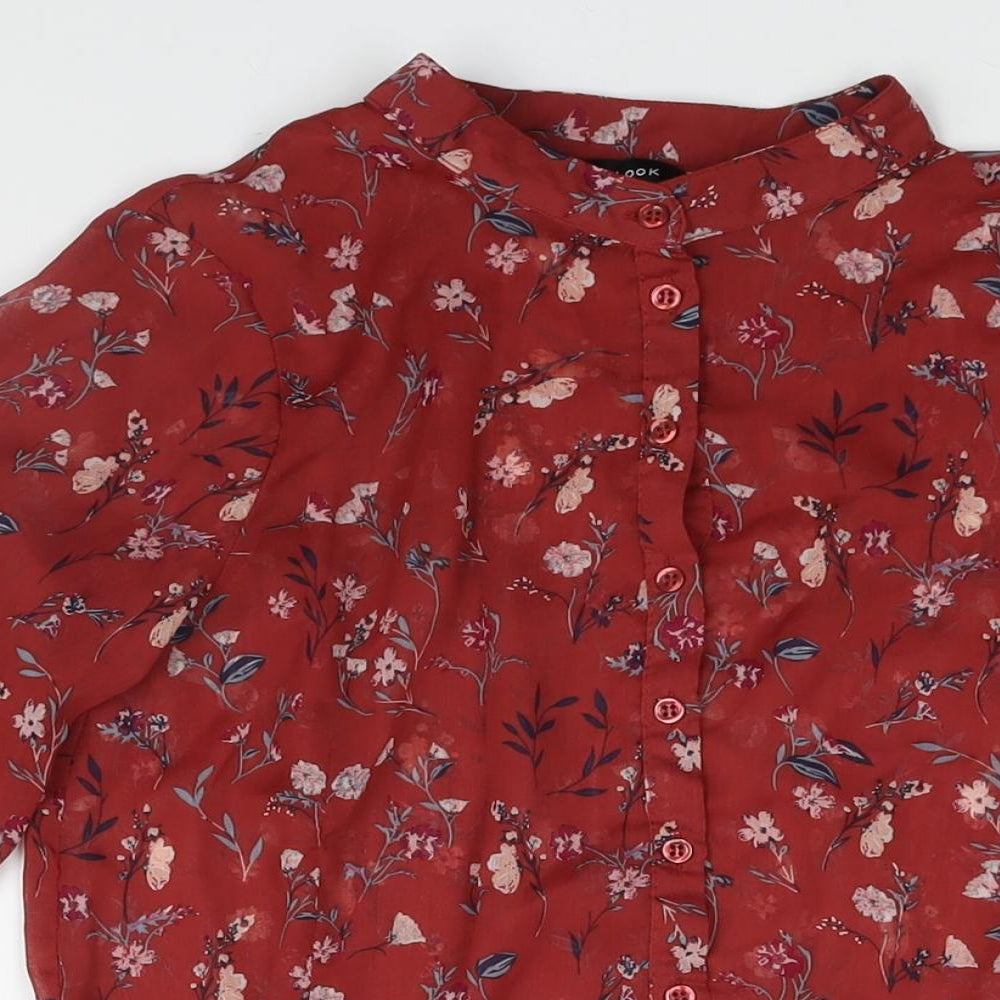 New Look Womens Red Floral Polyester Basic Blouse Size 10 Round Neck - Hi Low Hem Semi Sheer