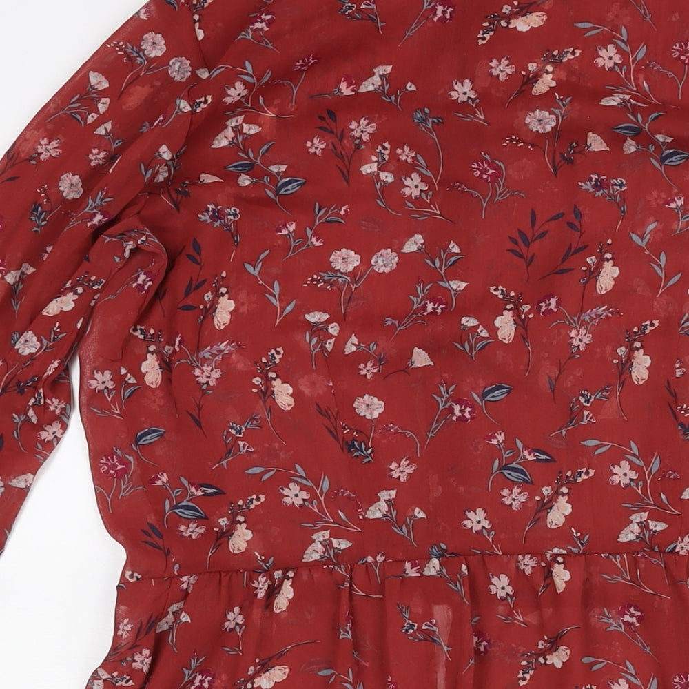 New Look Womens Red Floral Polyester Basic Blouse Size 10 Round Neck - Hi Low Hem Semi Sheer
