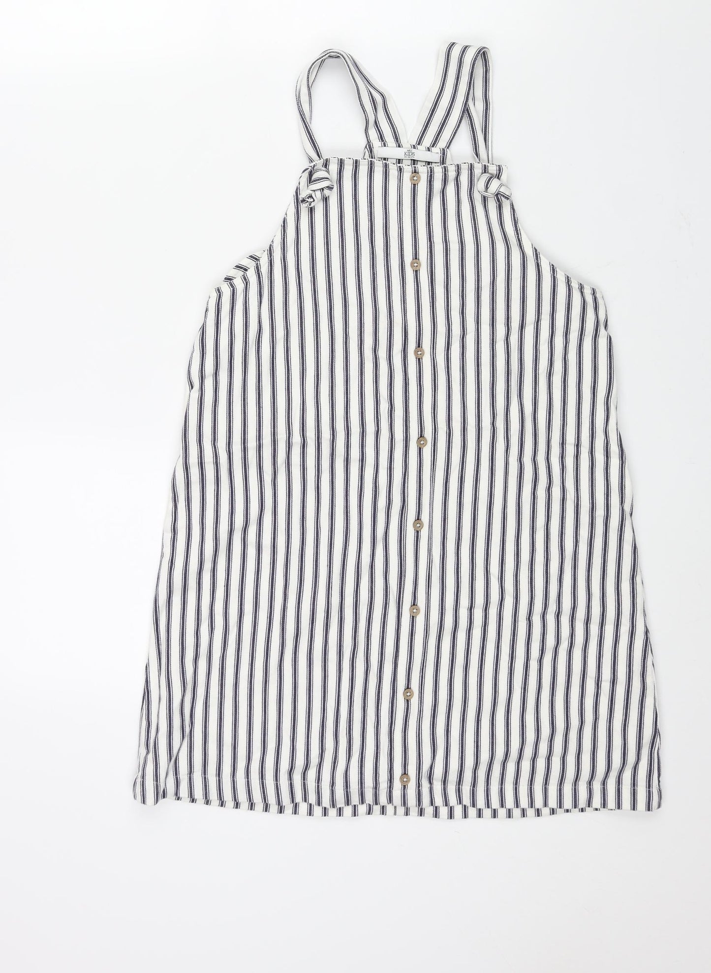 Marks and Spencer Girls White Striped Cotton Pinafore/Dungaree Dress Size 11-12 Years Square Neck Pullover - Button Detail