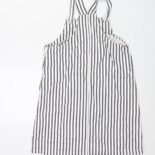 Marks and Spencer Girls White Striped Cotton Pinafore/Dungaree Dress Size 11-12 Years Square Neck Pullover - Button Detail