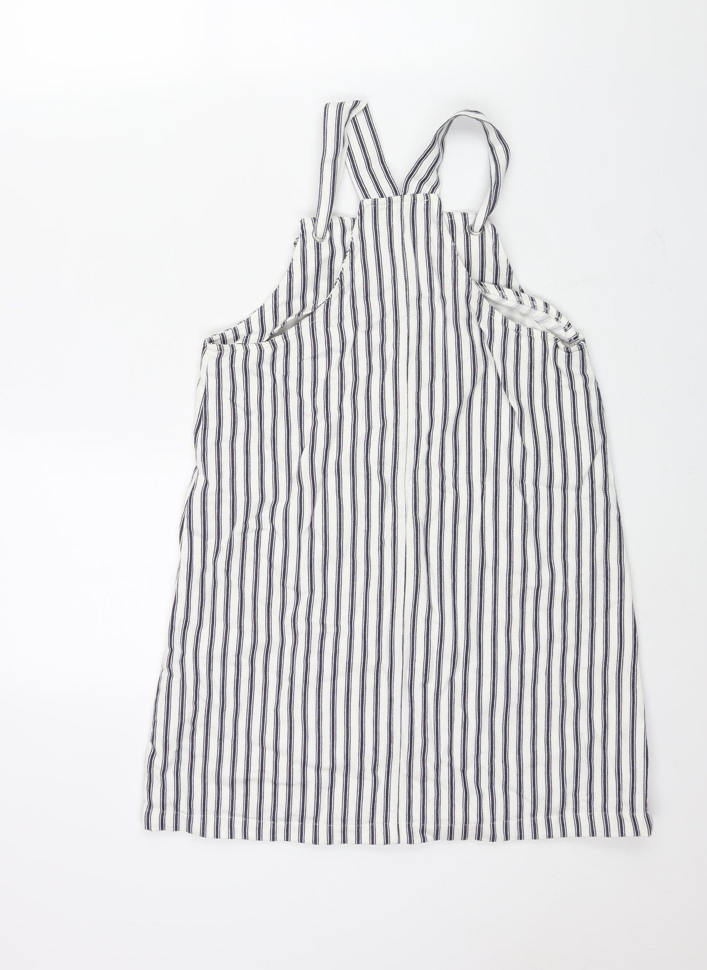 Marks and Spencer Girls White Striped Cotton Pinafore/Dungaree Dress Size 11-12 Years Square Neck Pullover - Button Detail