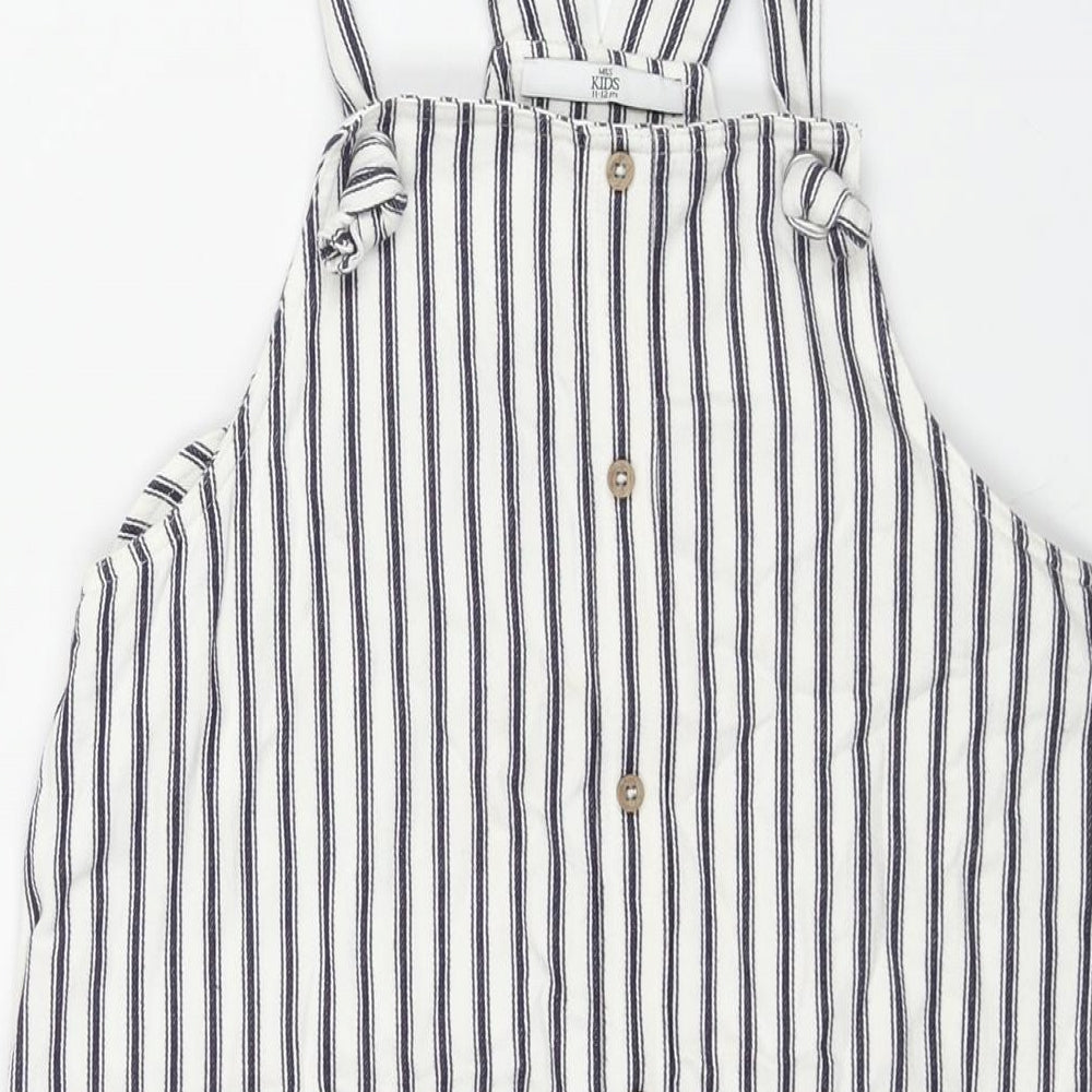 Marks and Spencer Girls White Striped Cotton Pinafore/Dungaree Dress Size 11-12 Years Square Neck Pullover - Button Detail