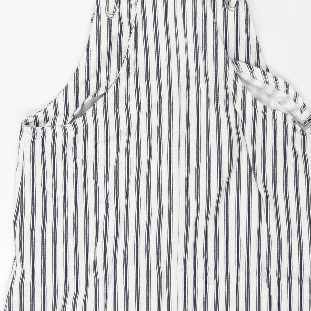 Marks and Spencer Girls White Striped Cotton Pinafore/Dungaree Dress Size 11-12 Years Square Neck Pullover - Button Detail