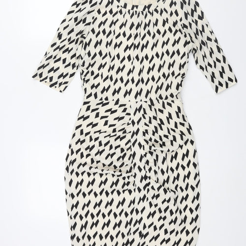 Country Road Womens Ivory Geometric Polyester Pencil Dress Size 6 Round Neck Zip - Vented Rouched
