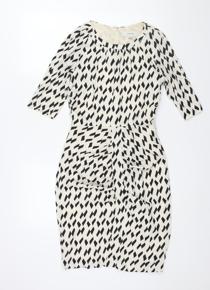 Country Road Womens Ivory Geometric Polyester Pencil Dress Size 6 Round Neck Zip - Vented Rouched