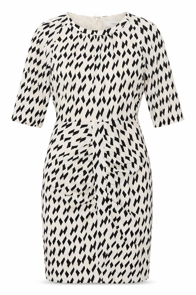 Country Road Womens Ivory Geometric Polyester Pencil Dress Size 6 Round Neck Zip - Vented Rouched