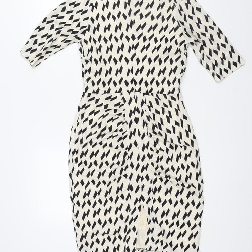 Country Road Womens Ivory Geometric Polyester Pencil Dress Size 6 Round Neck Zip - Vented Rouched