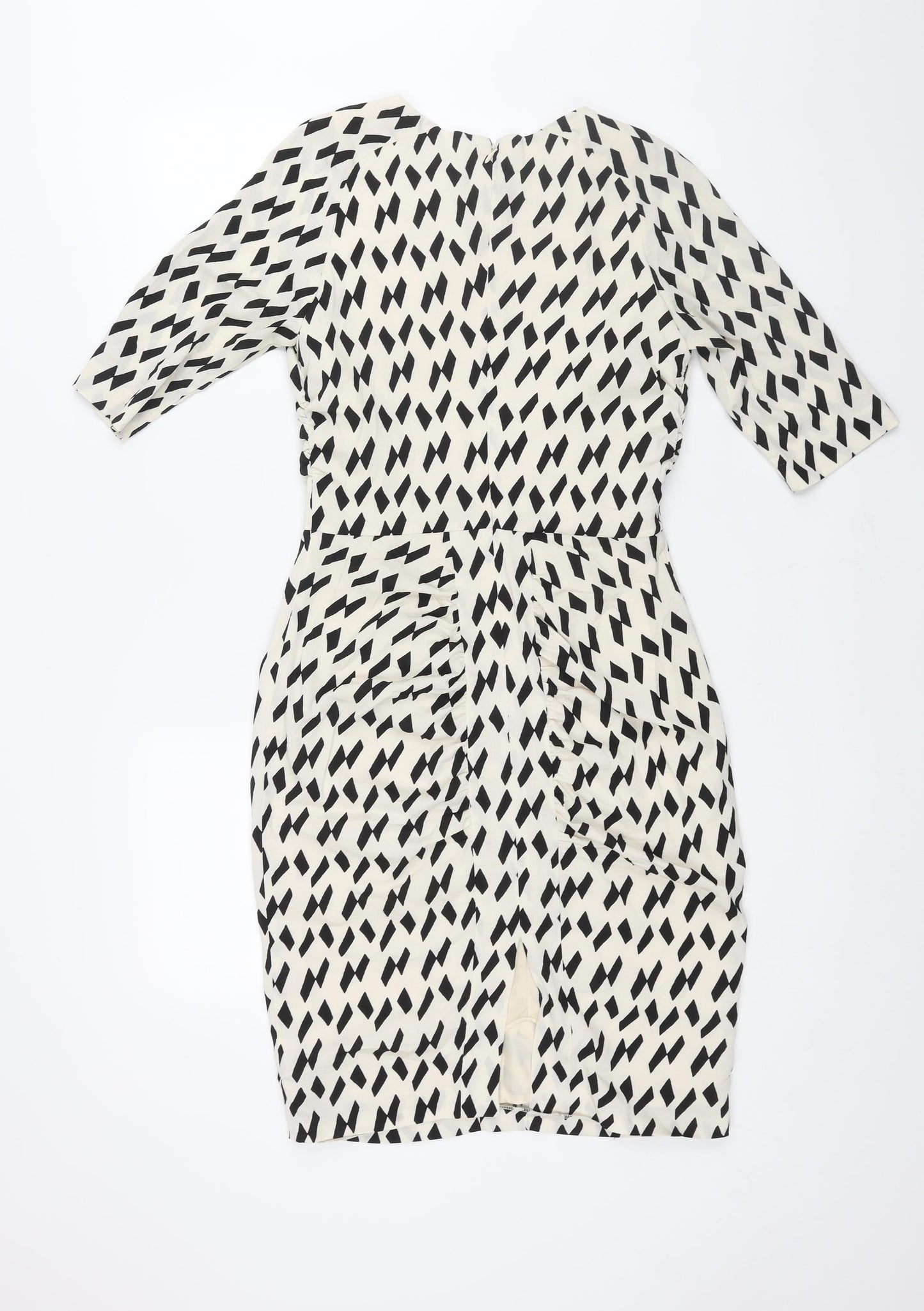 Country Road Womens Ivory Geometric Polyester Pencil Dress Size 6 Round Neck Zip - Vented Rouched