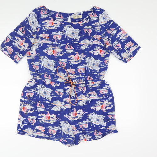 Love Label Womens Blue Geometric Polyester Playsuit One-Piece Size 10 L3 in Button - Boat Print Drawstring Waist