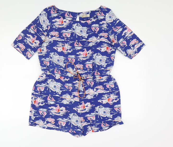 Love Label Womens Blue Geometric Polyester Playsuit One-Piece Size 10 L3 in Button - Boat Print Drawstring Waist