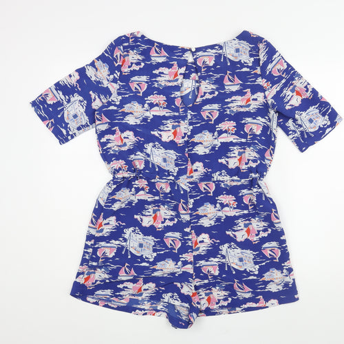 Love Label Womens Blue Geometric Polyester Playsuit One-Piece Size 10 L3 in Button - Boat Print Drawstring Waist