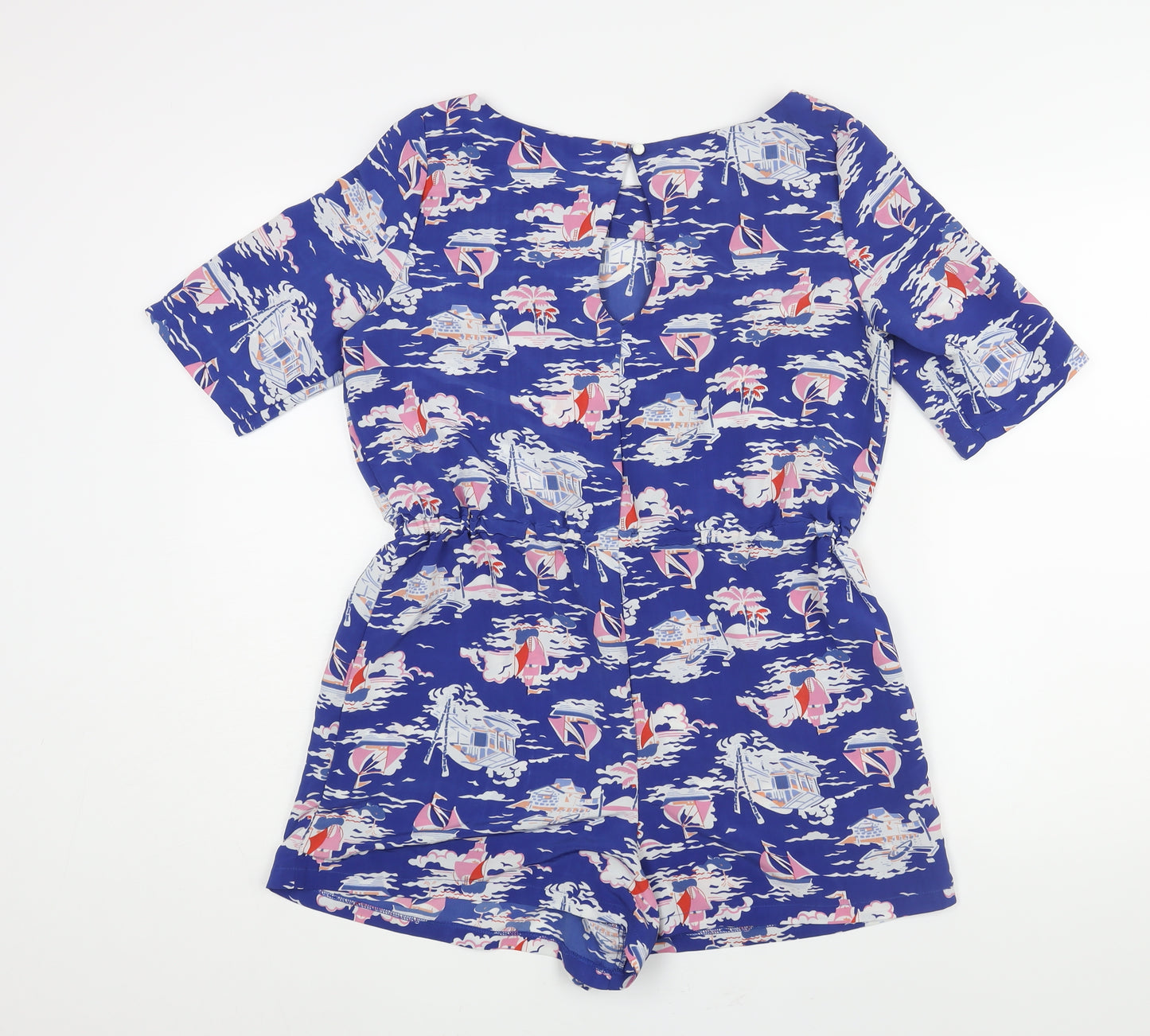 Love Label Womens Blue Geometric Polyester Playsuit One-Piece Size 10 L3 in Button - Boat Print Drawstring Waist