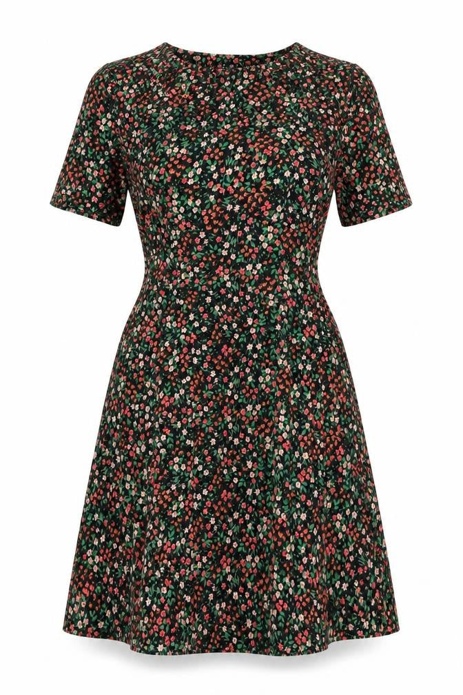 Front view of Marks & Spencer women’s multicoloured floral polyester a-line, size UK 10, v-neck zip