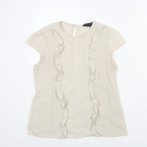 Dorothy Perkins Womens Beige Polyester Basic Blouse Size 12 Round Neck - Frill Detail