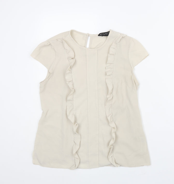Dorothy Perkins Womens Beige Polyester Basic Blouse Size 12 Round Neck - Frill Detail
