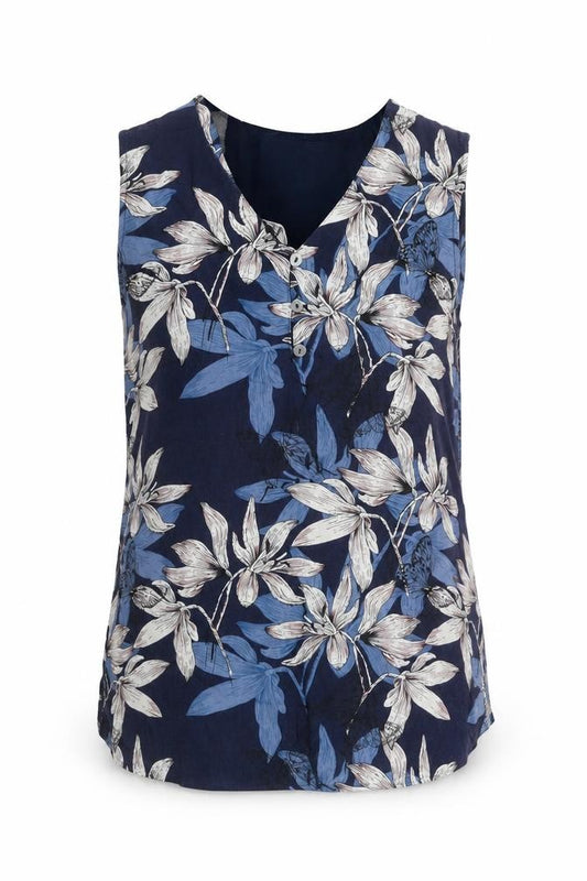 Front view of Lakeland women’s blue floral viscose basic blouse, size S, v-neck