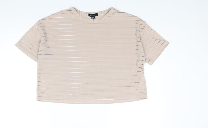 New Look Womens Beige Striped Polyester Basic T-Shirt Size M Round Neck