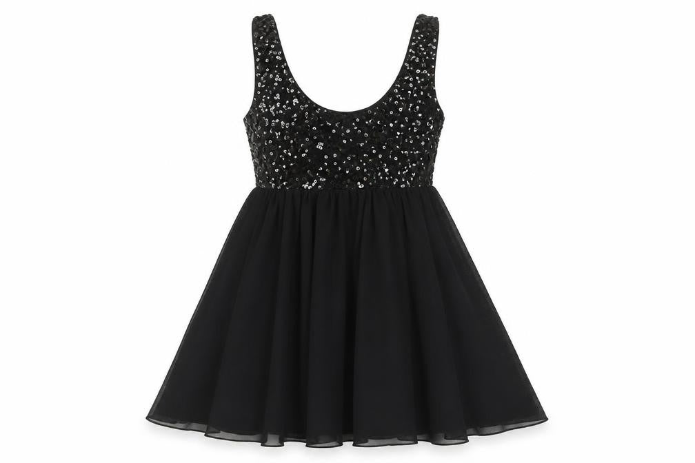 Front view of H&M women’s black polyester fit & flare, size UK 8, scoop neck pullover - sequin bodice