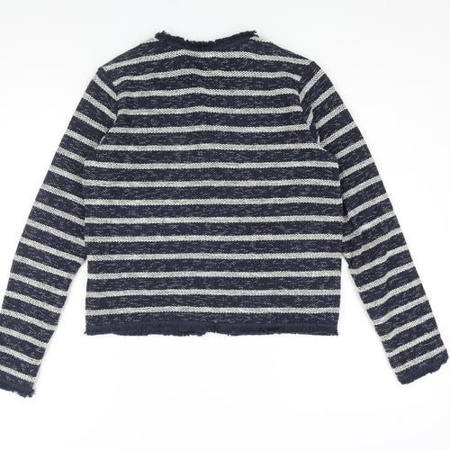 Miss Selfridge Womens Blue V-Neck Striped Cotton Cardigan Jumper Size 10 - Raw Edge