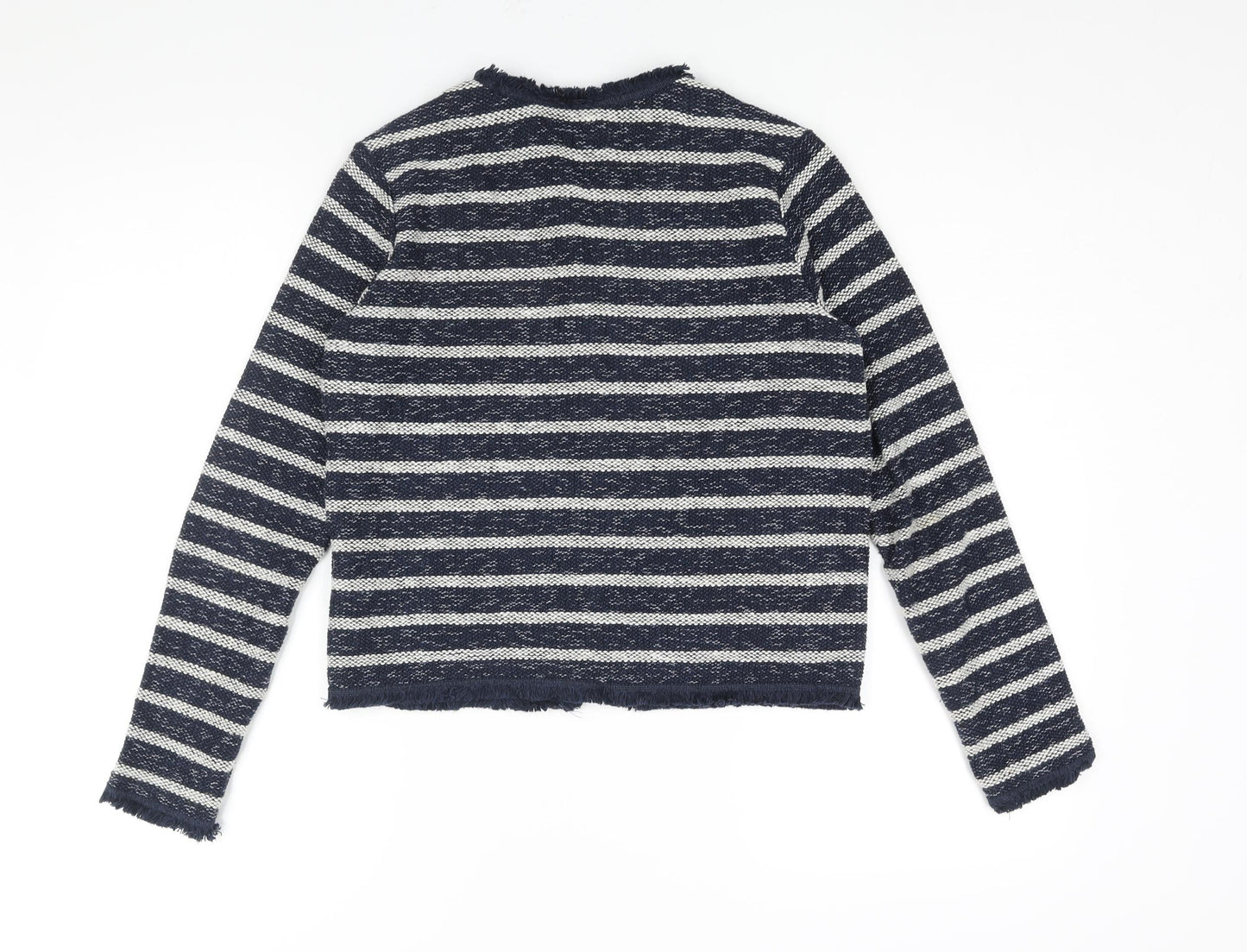 Miss Selfridge Womens Blue V-Neck Striped Cotton Cardigan Jumper Size 10 - Raw Edge